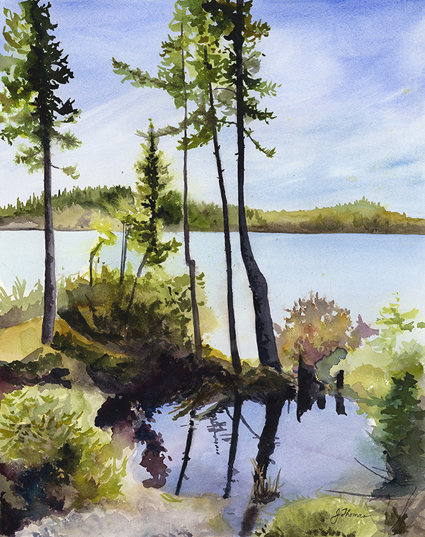 “Reflections on Tanya Trail” is a smaller watercolour landscape painting inspired by a section of trail on Tanya Lake in Labrador City.