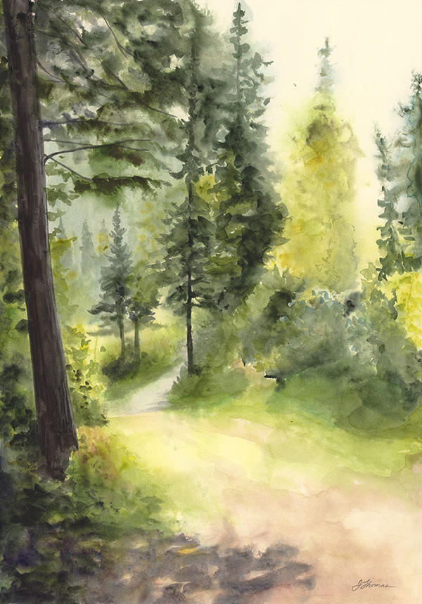 “Intercession” is a large expressive watercolour painting inspired by a trail on Smokey Mountain in Labrador City.